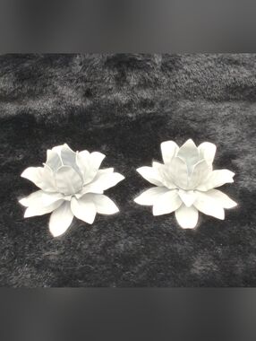 Pair of White Metal Lotus Flower Candle Holders - Vintage Hollywood Regency